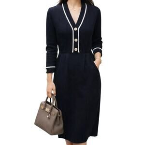 ST. JOHN Santana Knit Long Sleeve Button Front Shift Dress Black White 8